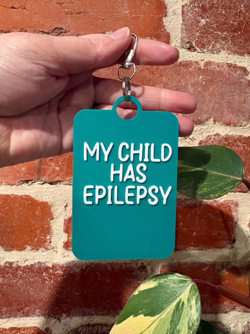 'My Child Has Epilepsy' Talkies Awareness Tag - Coloured Background with White Text